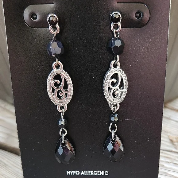 George Womens Earrings 5 Pc Set Dangle Studs with Silver Black Tones Rhinestones - Picture 5 of 10